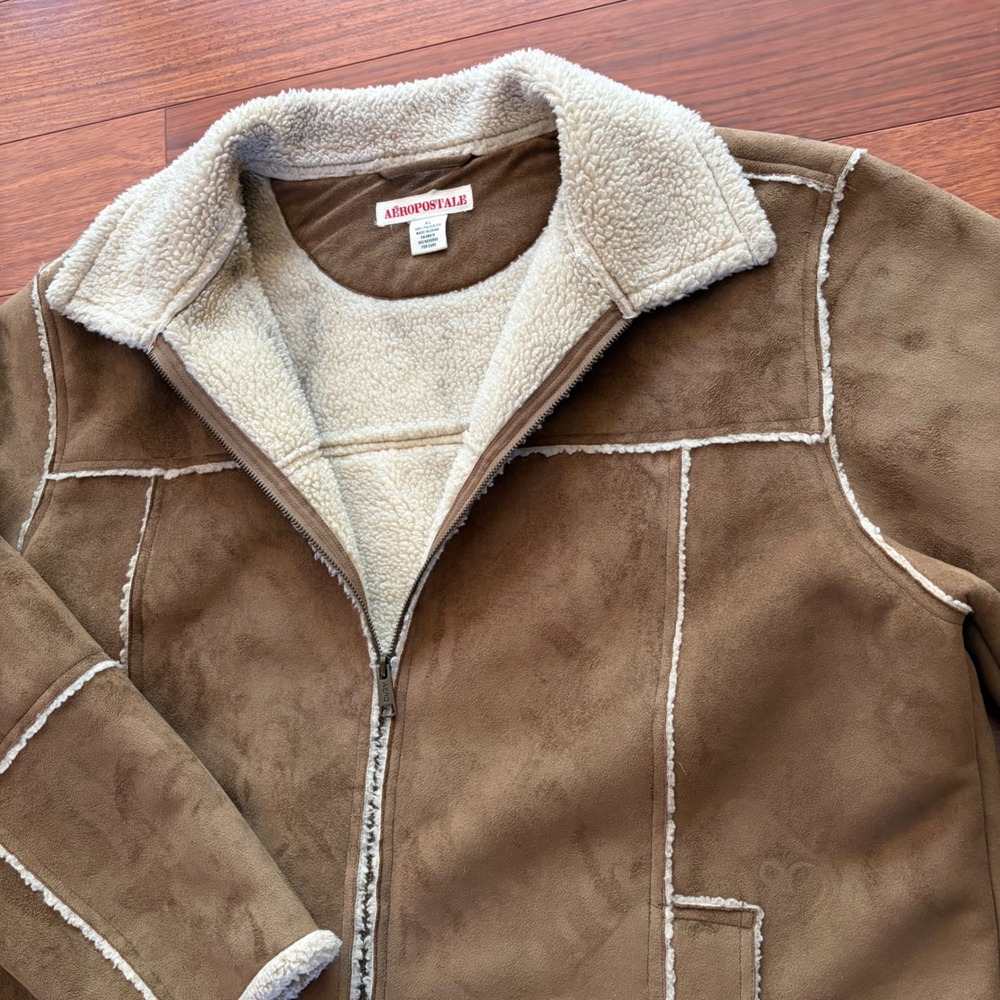 Aeropostale Vintage Y2K Faux Suede Sherpa Lined Bomber Jacket Brown XL